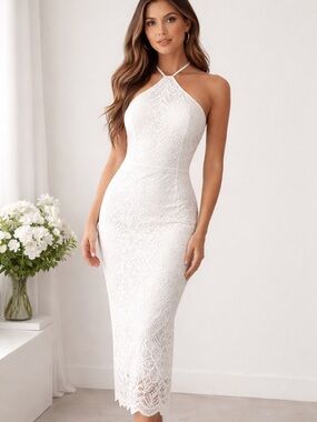 Privy White Lace Halter Midi Dress Bridal Shower Engagement Bodycon Small NWT